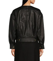 Le' AL.X Leather Ruched Crew Neck Long Sleeve Button Front Bomber Jacket