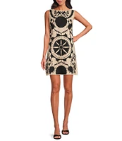Le' AL.X Linen Blend Embroidered Boat Neck Sleeveless Mod Shift Mini Dress
