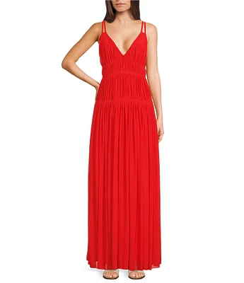 Le' AL.X Mesh Sleeveless Deep V Neck Low Back Empire Waist Maxi Dress