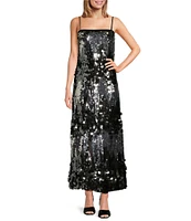 Le' AL.X Mixed Sequin Square Neck Sleeveless Spaghetti Strap Column Maxi Dress