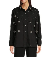 Le' AL.X Rhinestone Embellished Woven Cotton Point Collar Button Front Dropped Long Sleeve Shirttail Shirt