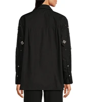 Le' AL.X Rhinestone Embellished Woven Cotton Point Collar Button Front Dropped Long Sleeve Shirttail Shirt