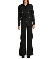 Le' AL.X Rhinestone Embellished Woven Cotton Point Collar Button Front Dropped Long Sleeve Shirttail Shirt