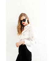 Le' AL.X Rhinestone Embellished Woven Cotton Point Collar Button Front Dropped Long Sleeve Shirttail Shirt