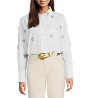 Le' AL.X Rhinestone Embellished Woven Cotton Point Collar Button Front Dropped Long Sleeve Shirttail Shirt