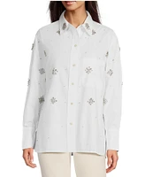 Le' AL.X Rhinestone Embellished Woven Cotton Point Collar Button Front Dropped Long Sleeve Shirttail Shirt