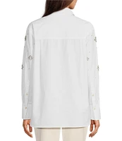 Le' AL.X Rhinestone Embellished Woven Cotton Point Collar Button Front Dropped Long Sleeve Shirttail Shirt