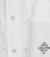 Le' AL.X Rhinestone Embellished Woven Cotton Point Collar Button Front Dropped Long Sleeve Shirttail Shirt