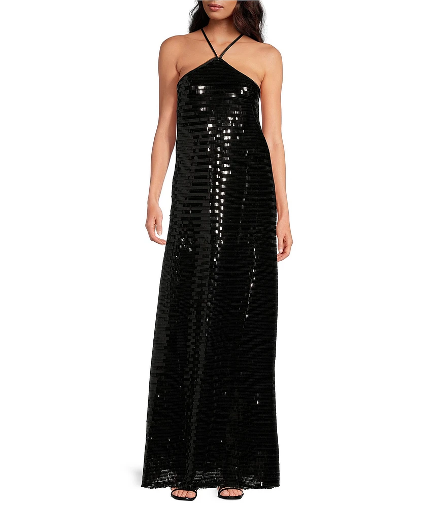 Le' AL.X Sequin Halter Neck Sleeveless Shift Slip Floor Length Dress