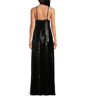 Le' AL.X Sequin Halter Neck Sleeveless Shift Slip Floor Length Dress