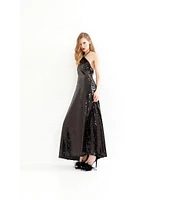 Le' AL.X Sequin Halter Neck Sleeveless Shift Slip Floor Length Dress