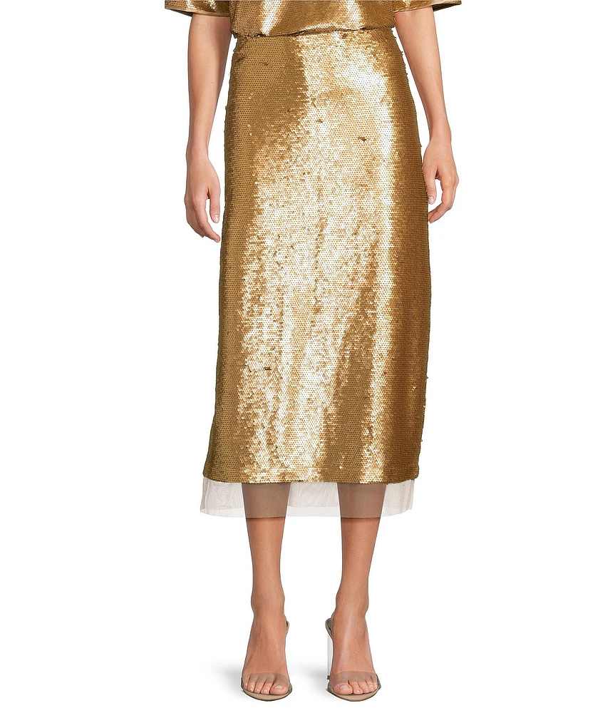 Le' AL.X Sequin High Rise A-Line Mesh Trim Midi Coordinating Skirt