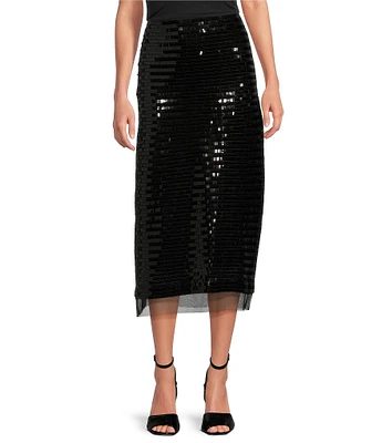 Le' AL.X Sequin Knit High Rise Sheath Slip Midi Sheer Hem Coordinating Skirt