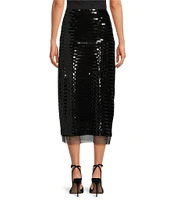 Le' AL.X Sequin Knit High Rise Sheath Slip Midi Sheer Hem Coordinating Skirt