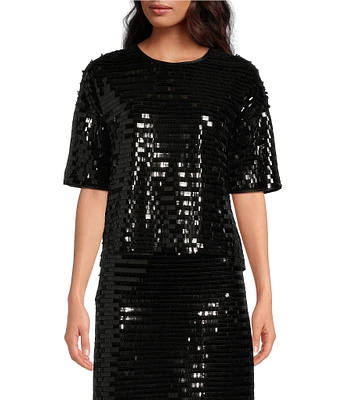 Le' AL.X Sequin Knit Round Neck Short Sleeve Back Keyhole Cropped Coordinating Tee Shirt