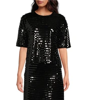 Le' AL.X Sequin Knit Round Neck Short Sleeve Back Keyhole Cropped Coordinating Tee Shirt