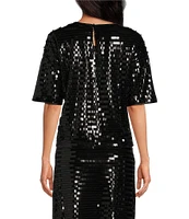Le' AL.X Sequin Knit Round Neck Short Sleeve Back Keyhole Cropped Coordinating Tee Shirt