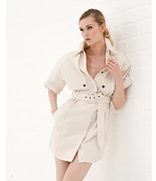 Le' AL.X Short Sleeve Snap Collar Belted Mini Shirt Dress