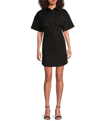Le' AL.X Short Sleeve Snap Collar Belted Mini Shirt Dress