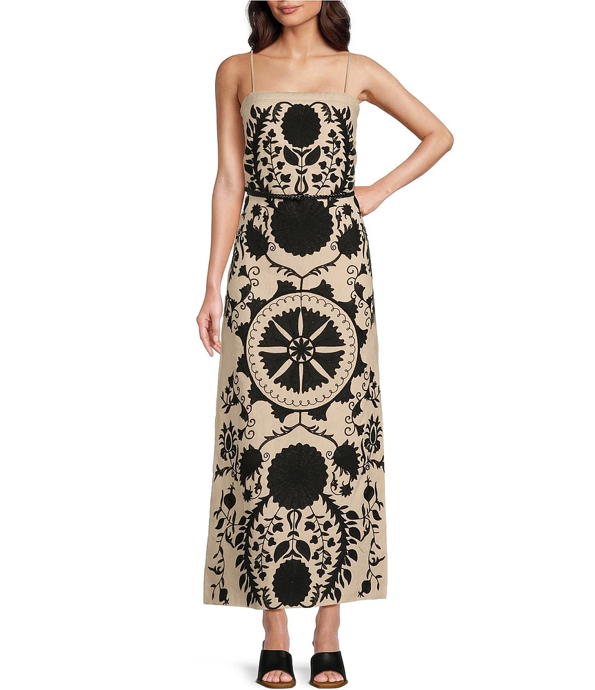 Le' AL.X Linen Embroidered Square Neck Sleeveless Spaghetti Strap Braided Belt Column Side Slit Maxi Coordinating Dress