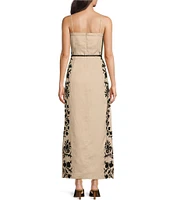 Le' AL.X Linen Embroidered Square Neck Sleeveless Spaghetti Strap Braided Belt Column Side Slit Maxi Coordinating Dress