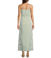 Le' AL.X Linen Embroidered Square Neck Sleeveless Spaghetti Strap Braided Belt Column Side Slit Maxi Coordinating Dress