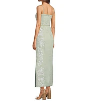 Le' AL.X Linen Embroidered Square Neck Sleeveless Spaghetti Strap Braided Belt Column Side Slit Maxi Coordinating Dress