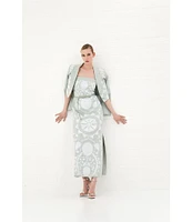 Le' AL.X Linen Embroidered Square Neck Sleeveless Spaghetti Strap Braided Belt Column Side Slit Maxi Coordinating Dress