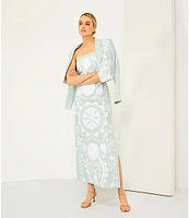 Le' AL.X Linen Embroidered Square Neck Sleeveless Spaghetti Strap Braided Belt Column Side Slit Maxi Coordinating Dress