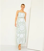 Le' AL.X Linen Embroidered Square Neck Sleeveless Spaghetti Strap Braided Belt Column Side Slit Maxi Coordinating Dress