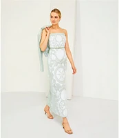 Le' AL.X Linen Embroidered Square Neck Sleeveless Spaghetti Strap Braided Belt Column Side Slit Maxi Coordinating Dress