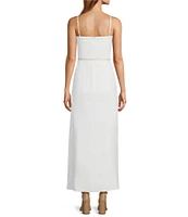 Le' AL.X Linen Embroidered Square Neck Sleeveless Spaghetti Strap Braided Belt Column Side Slit Maxi Coordinating Dress