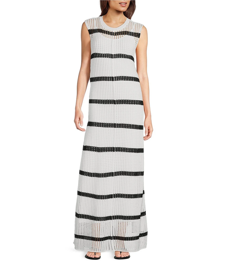 Le' AL.X Stripe Knit Crochet Crew Neck Sleeveless Shift Maxi Dress