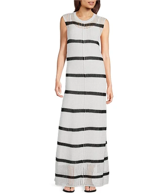 Le' AL.X Stripe Knit Crochet Crew Neck Sleeveless Shift Maxi Dress