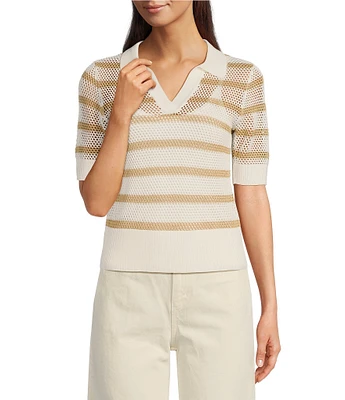 Le' AL.X Stripe Knit Wide Mesh Polo Collar V-Neck Short Rugby Top