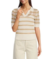 Le' AL.X Stripe Knit Wide Mesh Polo Collar V-Neck Short Rugby Top