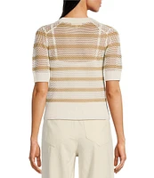 Le' AL.X Stripe Knit Wide Mesh Polo Collar V-Neck Short Rugby Top