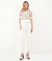 Le' AL.X Stripe Knit Wide Mesh Polo Collar V-Neck Short Rugby Top