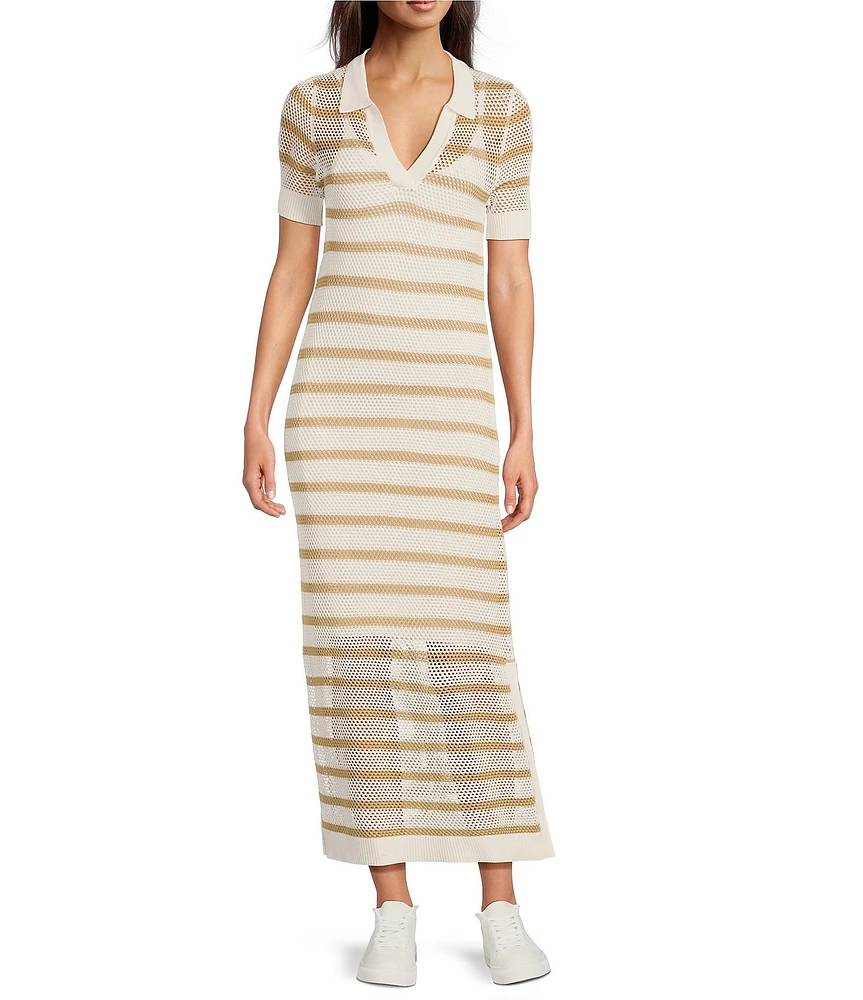 Le' AL.X Stripe Knit Wide Mesh Polo Collar V-Neck Short Sleeve Sheath Maxi Dress