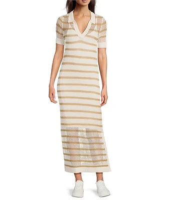 Le' AL.X Stripe Knit Wide Mesh Polo Collar V-Neck Short Sleeve Sheath Maxi Dress