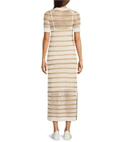 Le' AL.X Stripe Knit Wide Mesh Polo Collar V-Neck Short Sleeve Sheath Maxi Dress