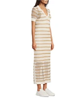 Le' AL.X Stripe Knit Wide Mesh Polo Collar V-Neck Short Sleeve Sheath Maxi Dress