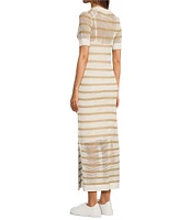 Le' AL.X Stripe Knit Wide Mesh Polo Collar V-Neck Short Sleeve Sheath Maxi Dress