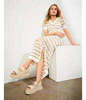 Le' AL.X Stripe Knit Wide Mesh Polo Collar V-Neck Short Sleeve Sheath Maxi Dress