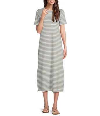 Le' AL.X Stripe Stretch Knit Crew Neck Short Sleeve T-Shirt Midi Dress