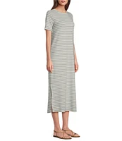 Le' AL.X Stripe Stretch Knit Crew Neck Short Sleeve T-Shirt Midi Dress