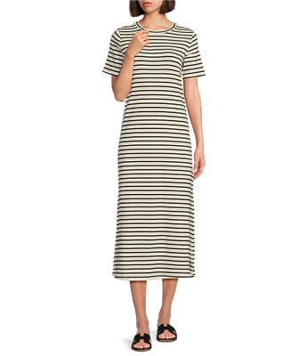 Le' AL.X Striped Stretch Knit Short Sleeve Round Neck T-Shirt Midi Dress