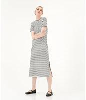 Le' AL.X Stripe Stretch Knit Crew Neck Short Sleeve T-Shirt Midi Dress
