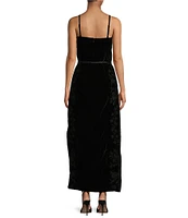 Le' AL.X Velvet Embroidered Square Neck Spaghetti Strap Belted Column Maxi Coordinating Dress