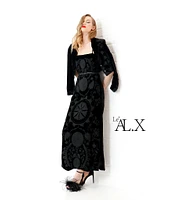 Le' AL.X Velvet Embroidered Square Neck Spaghetti Strap Belted Column Maxi Coordinating Dress